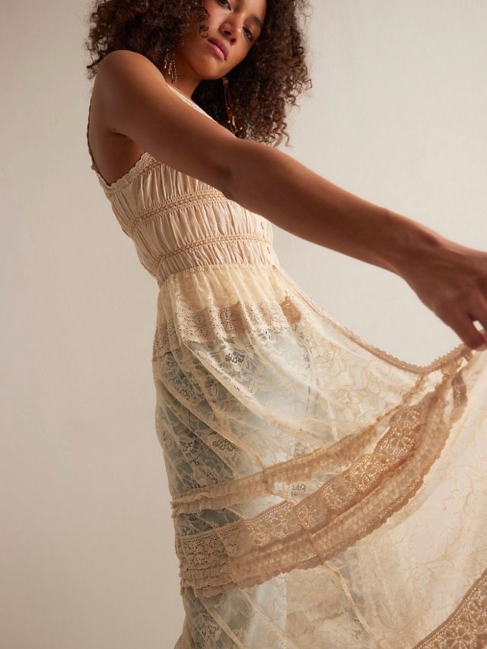 🤍 Free People Sweet Saloon Maxi Dress Tea Creme Lace Boho Medium NWT $228 MSRP - Picture 3 of 10